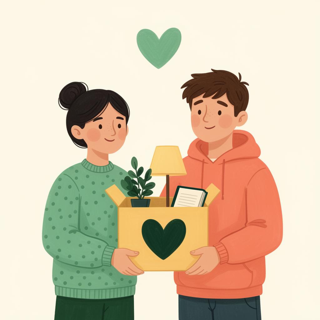 Twee mensen die samen een gele doos met een groen hart vasthouden, met een plant en lamp erin.